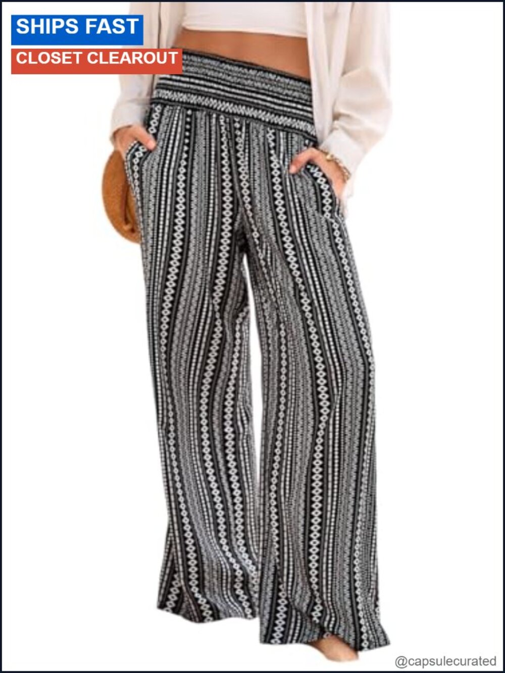 Women's Boho Floral Wide Leg Palazzo Pants Smocked Waist with Pockets